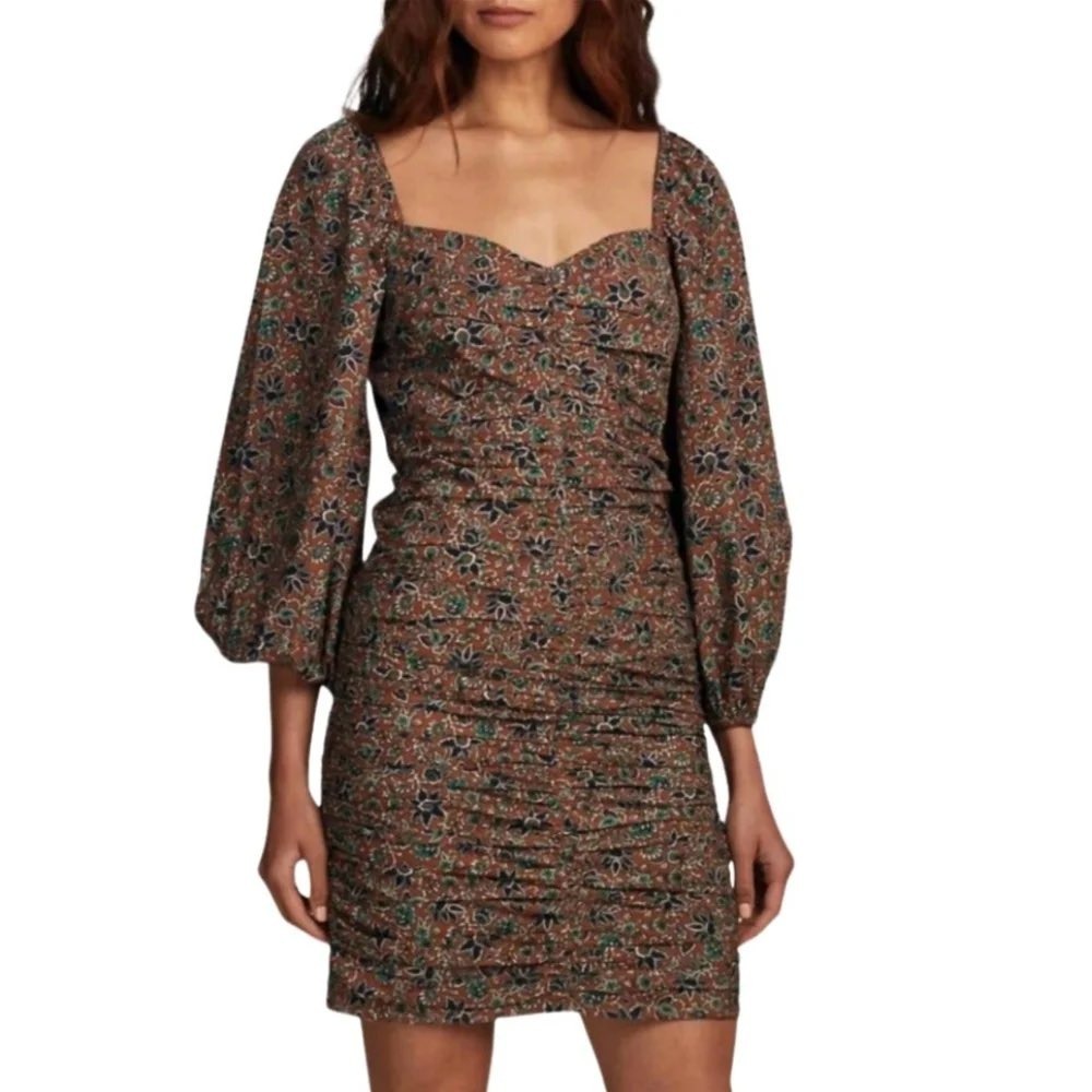 Veronica Beard Nadi Mini Dress Puff Sleeve Ruched Cinnamon Multi Brown Sz 14 NWT
